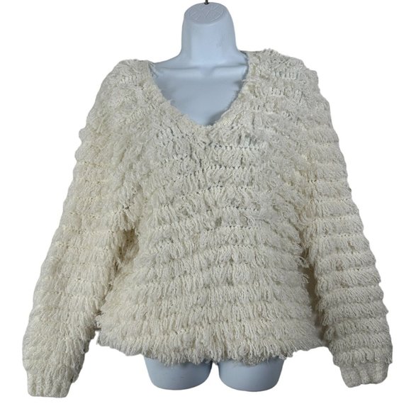 Vintage Carducci Fuzzy Sweater Womens Large Ivory Long Sleeve Chunky Vneck - Picture 1 of 15